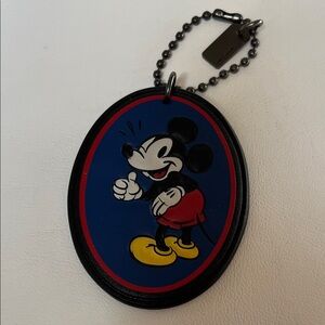 Coach Leather Disney Mickey Mouse Oval Keychain with Blue and Red Accents